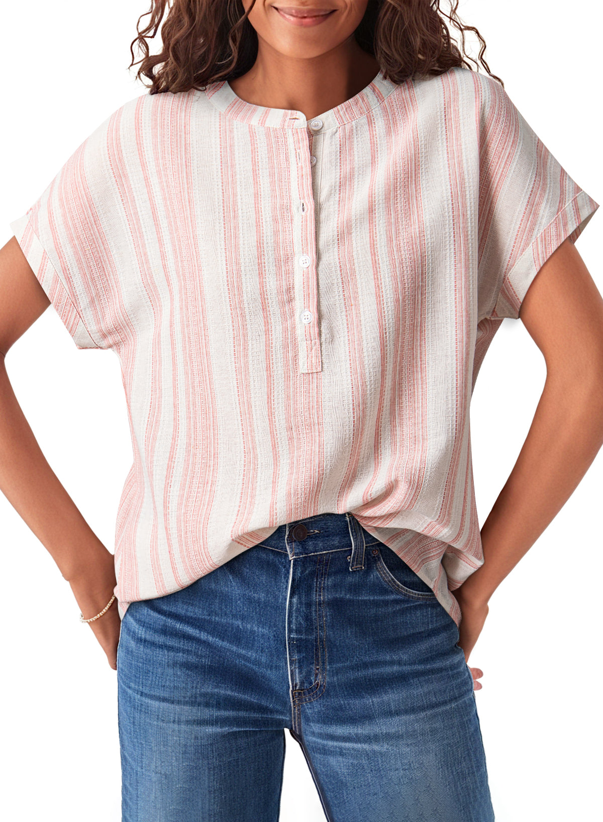 Stripe Half Buttoned Short Sleeve Blouse