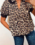 Leopard Lace Trim Short Sleeve Buttoned Shirt