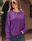 Solid Ribbed Raw Seam Patchwork Drop Shoulder Sweatshirt