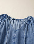 Denim Puff Sleeve Tie V-Neck Ruffle Dress