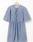 Denim Bow Bubble Sleeve Mini Dress