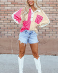 Colorblock Collared Ribbed Patchwork Pocketed Sweatshirt