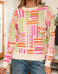 Geometric Stripe Crewneck Puff Sleeve Sweater