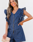 Denim Ruffle Sleeve Zip Front Belted Romper