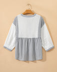 Stripe Gauze Patchwork Half Buttoned Babydoll Blouse