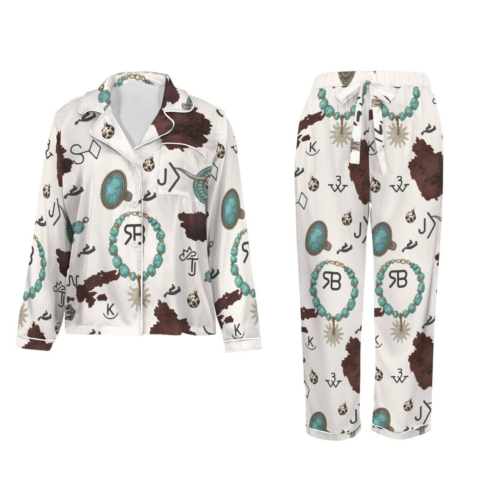 Baha Ranch Brands &amp; Turquoise Cowgirl Christmas Western Cowprint Satin Pajamas