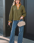 Stripe Trim Ruffle Split Neck Long Sleeve Blouse