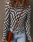 Checker Mesh Mock Neck Long Sleeve Top