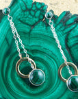 Circle Green Malachite and Two-Toned Metal Dangle Earrings