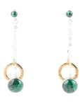 Circle Green Malachite and Two-Toned Metal Dangle Earrings
