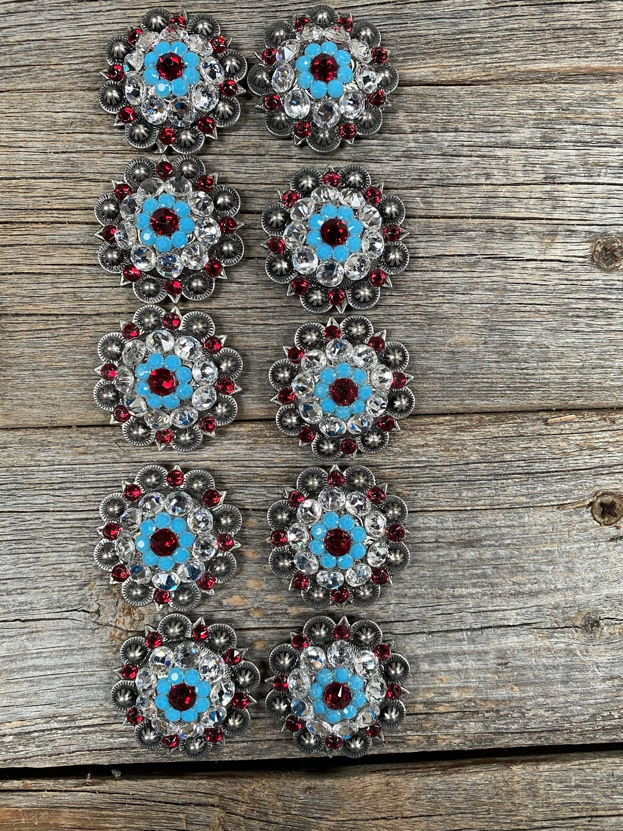 Clearance Bundle Concho Set Antique Silver Ruby, Turquoise &amp; Clear 