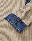 Denim Patchwork Ribbed Knit Polo Collar Top