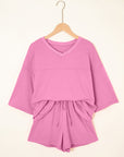 Solid Loose V-Neck Tee & Drawstring Shorts Set