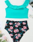 Solid Ruffle Top & Floral Bikini Set