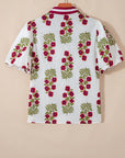 Floral Contrast Slit V-Neck Short Bubble Sleeve Blouse