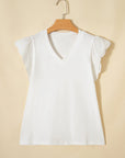 Eyelet Embroidered Flutter Sleeve Patchwork V-Neck Tee