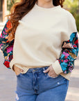 White Floral Patchwork Sleeve Textured Plus Size Pullover Top