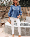 Nevaeh Lace Ric Rac 3/4 Puff Sleeve Collared Babydoll Blouse