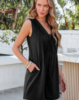 Solid Tie V-Neck Pintuck Sleeveless Romper