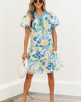 Floral Stripe Trim Puff Short Sleeve Dress