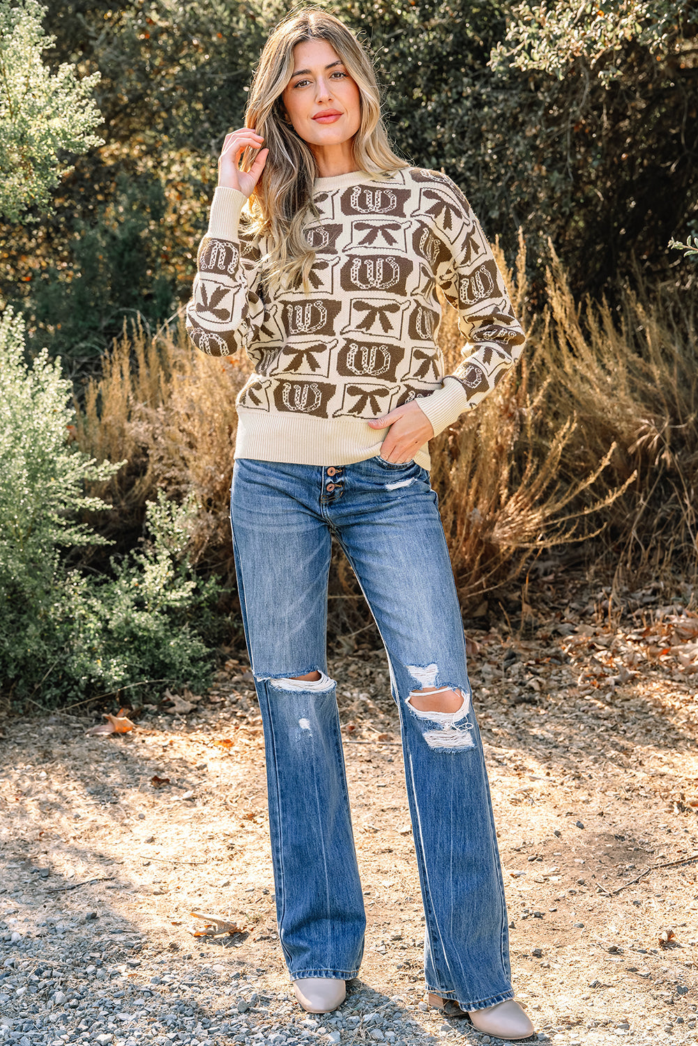 Western Bows &amp; Horseshoes Long Sleeve Sweater
