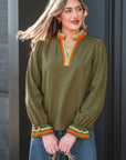 Stripe Trim Ruffle Split Neck Long Sleeve Blouse