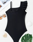 Asymmetric Ruffle Shoulder One Piece Swimsuit