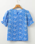 Eyelet Flower Embroidery Frilled Puff Sleeve Blouse