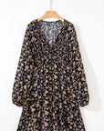 Floral Smocked V-Neck Bubble Sleeve Babydoll Dress