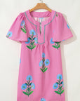 Floral Short Sleeve Split Neck Mini Dress