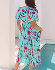 Abstract Short Puff Sleeve Tiered Maxi Dress