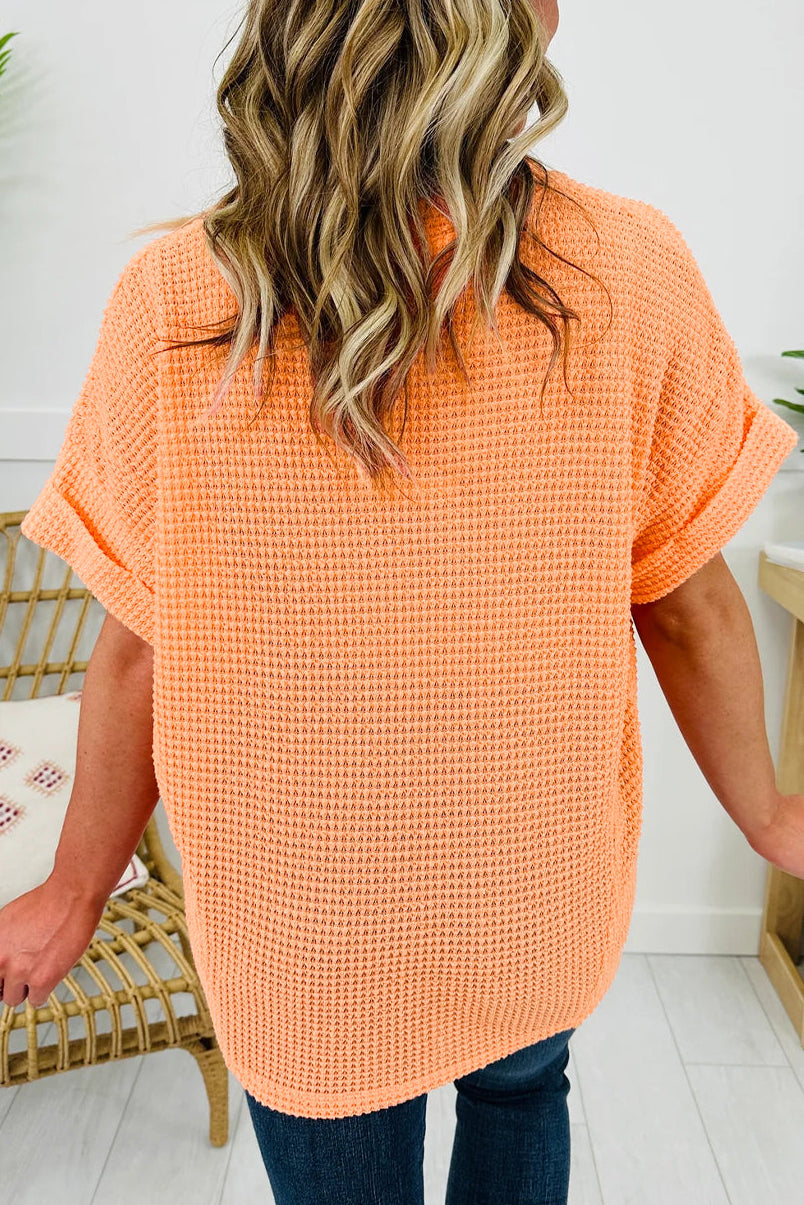 Solid Waffle Knit V-Neck Short Sleeve Top