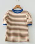 Stripe Contrast Trim Short Puff Sleeve Tee