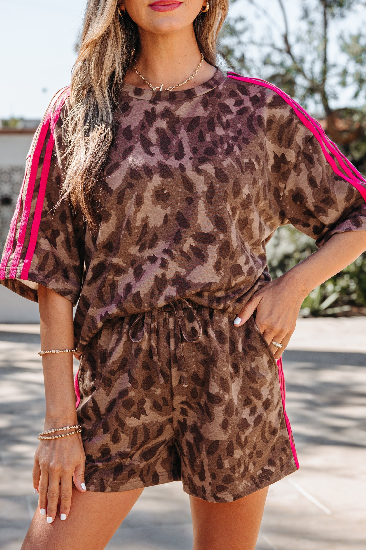 Leopard Contrast Stripe Tee &amp; Shorts Set