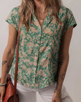 Floral Pleated Button V-Neck Short Sleeve Blouse