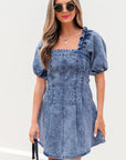 Denim Frilly Square Neck Bustier Puff Sleeve Dress