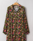 Floral Split Neck Bubble Sleeve Shift Mini Dress