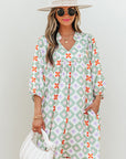 Geometric Floral 3/4 Sleeve Notched Neck Mini Dress