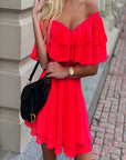 Chiffon Off The Shoulder Ruffle Layered Shirred Nimi Dress
