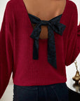 Bow Back Ribbed Knit V-Neck Drop Shoulder Top
