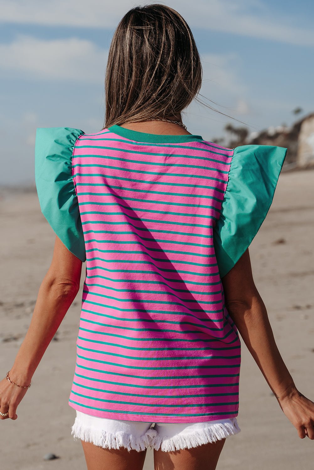 Adrianna Stripe Ruffled Sleeve Crew Neck Blouse