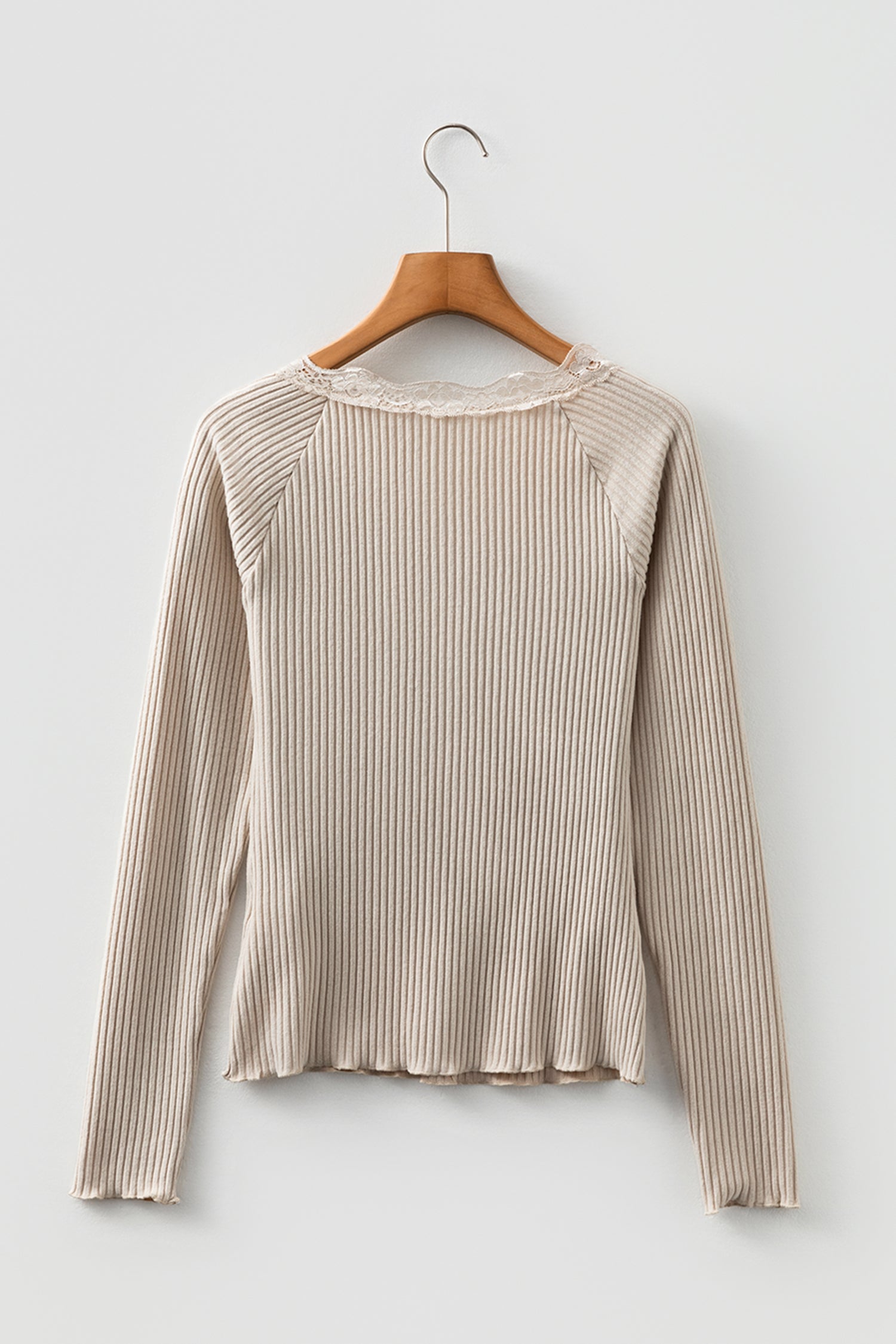 Solid Ribbed Lace Neckline Long Sleeve Top