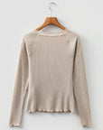 Solid Ribbed Lace Neckline Long Sleeve Top