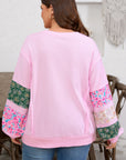 Plus Size Floral Patch Sleeve Ribbed Trim Sweatshirt