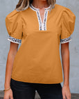 Leopard Contrast Trim Split Neck Puff Sleeve Blouse
