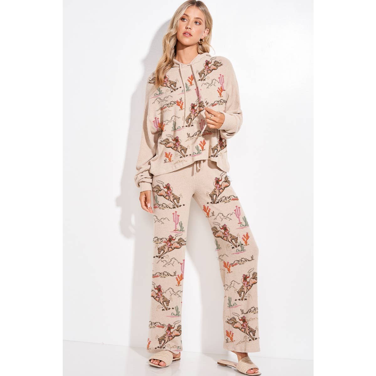 Desert Cowgirl Print Rib Hoodie Loungewear Set