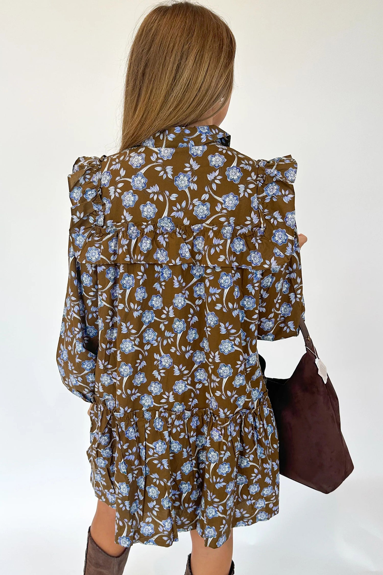 Floral Ruffle Shirt Collar Buttoned Long Sleeve Dress