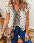Aria Boho Pattern Ruffled Sleeve V Neck Buttoned Blouse