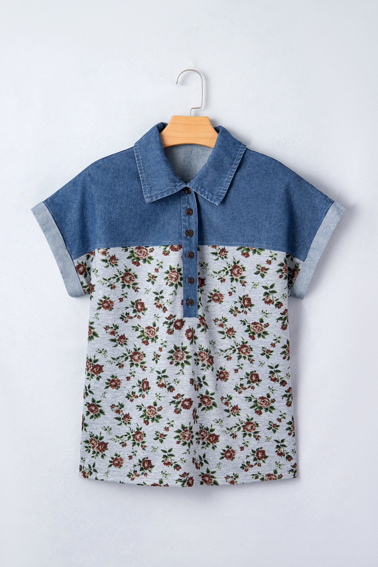 Floral Retro Denim Patchwork Buttoned Collar Top