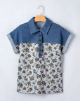 Floral Retro Denim Patchwork Buttoned Collar Top